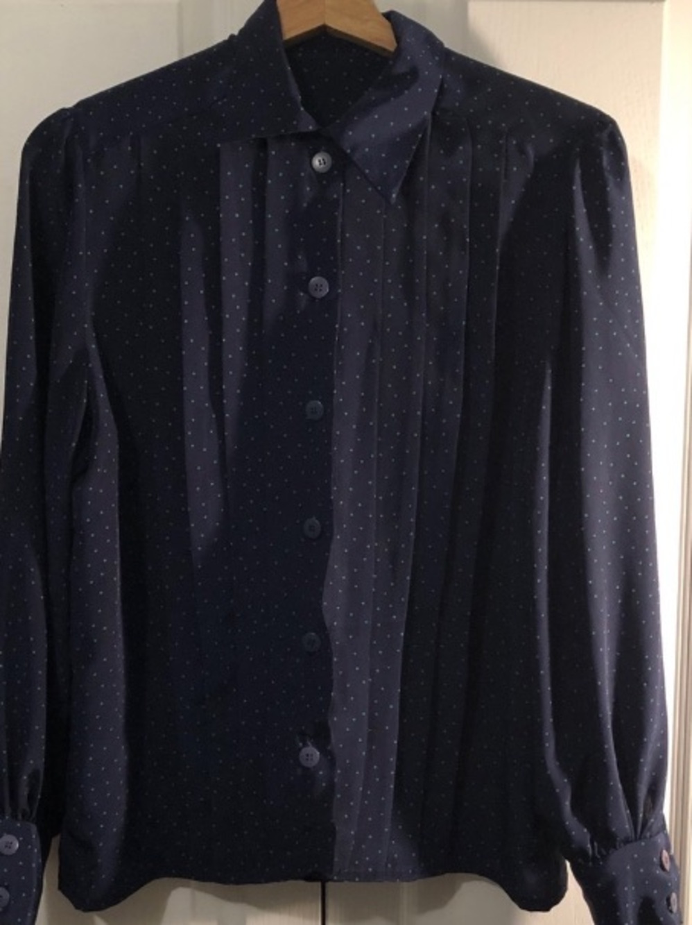 Handmade Dark Blue Button Down Shirt with Teal Dots